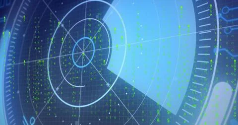 Displaying circular radar display scanning at console with concentric rings and Stock Illustration