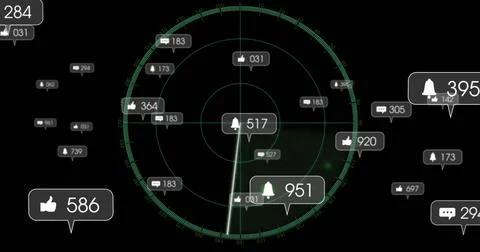 Displaying circular radar grid with rotating green sweep in dark UI, floating 스톡 일러스트