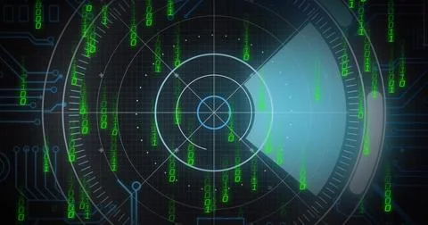 Displaying circular radar HUD on dark grid, sweeping cyan beam with crosshair Stock Illustration