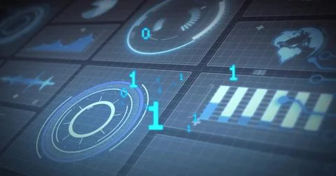 Displaying circular radar HUD glowing slightly left on dark grid plane, showing Illustrazione stock