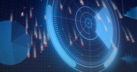 Displaying circular radar HUD sweeping dashboard, with cascading binary streams 스톡 일러스트