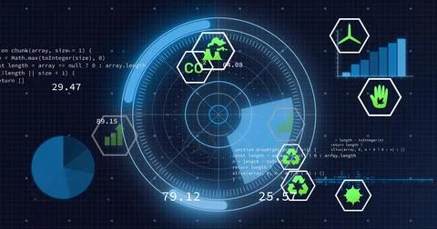 Displaying circular radar-like HUD sweeping on dark blue grid, with hex icons Stock Illustration