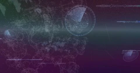 Displaying circular radar interface over network mesh and data lines in virtual Foto stock
