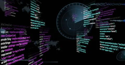 Displaying circular radar overlay scanning digital interface, with code streams 스톡 일러스트