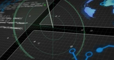 Displaying circular radar overlay scanning control console, showing sweep bea 스톡 일러스트