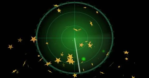 Displaying circular radar with rings sweeping green beam on black background, Stock Illustration