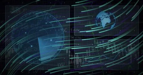 Displaying circular radar scanning in console, with Earth globe, chart panels Stock Illustration