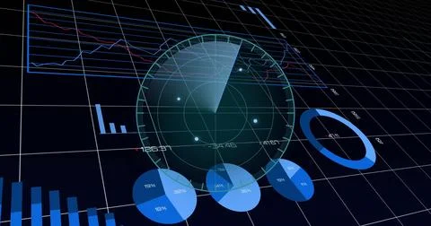 Displaying circular radar sweeping beam on grid dashboard, with trend lines, Stock Photos