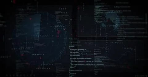 Displaying circular radar view pulsing on control screen, with code blocks, map, Stock Illustration