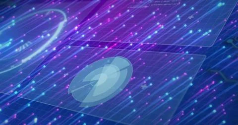 Displaying circular radar widget floating within neon grid, with particles Stockillustratie