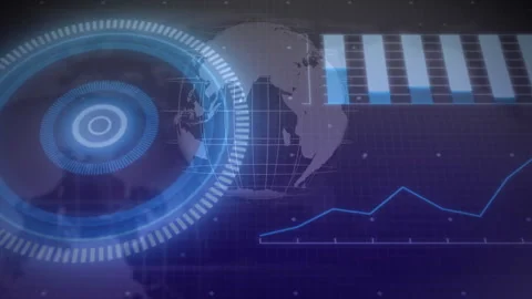 Displaying circular radial gauge left over 3D wireframe globe with blue bar Video stock 307885054