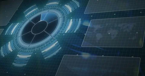 Displaying circular radial interface projecting data rings on grid with panels, Stock Photos