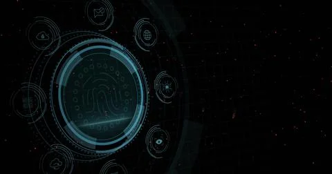 Displaying circular ringed biometric fingerprint HUD scanning on data grid, with 스톡 일러스트