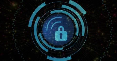 Displaying circular security HUD centered in virtual dashboard, showing cyan Stock Photos