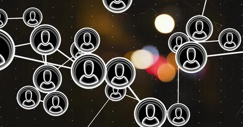 Displaying circular user icon nodes linked by thin lines over dark dotted grid, Stock Illustration