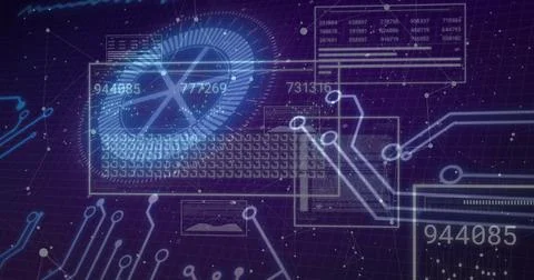 Displaying circular visualization rotating in purple grid with numbers, circuit Stock Photos