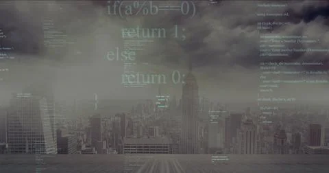 Displaying city skyline overlaid with programming code on wooden rooftop 스톡 사진