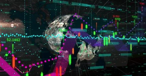 Displaying clear 3D Earth globe floating over dark data grid, showing Stock Photos