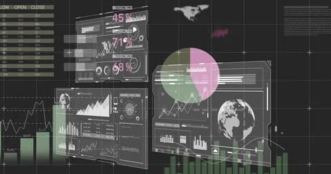 Displaying clear dashboards floating over dark grid with globe pink-green pie Ilustração Stock
