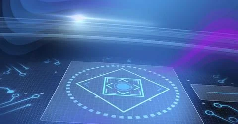 Displaying clear holo panel floating on grid plane, showing diamond target, d Illustrazione stock