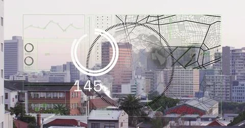 Displaying clear HUD overlay with progress ring and wireframe globe over city Stock Photos