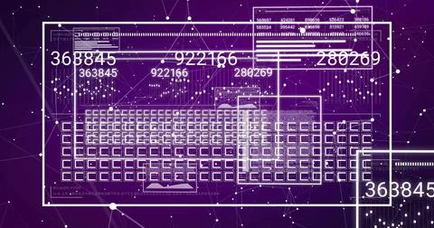 Displaying clear key grid schematic, HUD frames and numbers on purple gradient Stock Photos