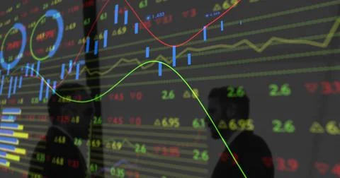 Displaying clear market screen in dim office, showing charts, tickers, Stock Illustration