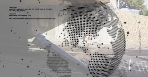 Displaying clear panel with dotted map, code at roadside, diagonal pole, man in Stock Photos