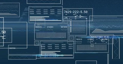 Displaying clear panels floating in virtual workspace, streaming line charts and Foto stock