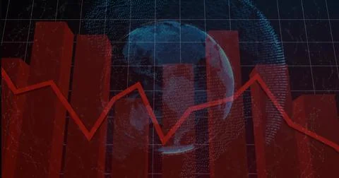 Displaying clear red 3D bars with jagged red line across digital dashboard and Stock-Illustration