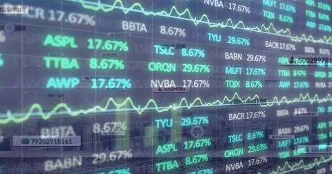 Displaying clear stock ticker display with percent overlays and neon green line Stock Illustration