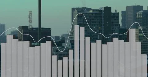 Displaying clear vertical bar chart with white line over city skyline from Stock Photos