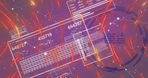 Displaying clear wireframe keyboard, floating data panels in virtual HUD, Illustrazione stock