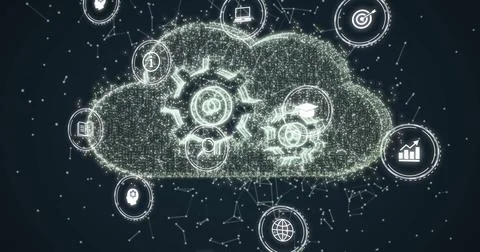 Displaying cloud icon glowing with gears and graduation cap in dark network with Stock Illustration