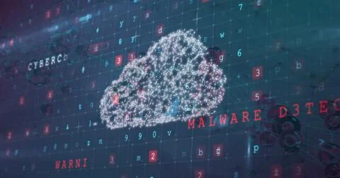 Displaying cloud icon linking codes on blue grid in virtual interface with Foto stock