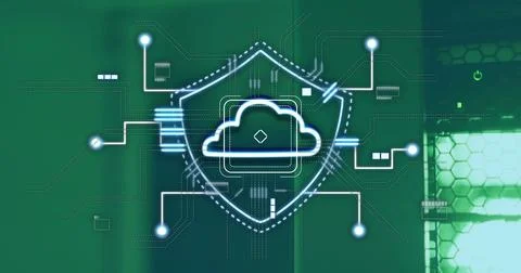 Displaying cloud icon within shield connecting lines to network nodes on green Stock Illustration