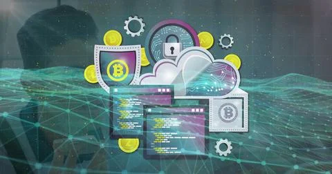 Displaying cloud icons over mesh network, with padlock, Bitcoin shield, gold 스톡 사진