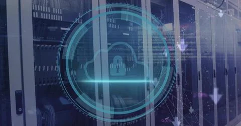 Displaying cloud-lock HUD hovering over glass-fronted racks, with server blades Stock Photos