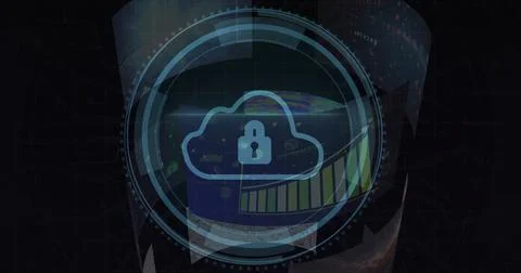 Displaying cloud lock icon over concentric HUD rings in digital dashboard, イラスト素材