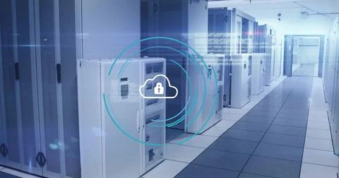 Displaying cloud lock overlay on server racks in server room aisle, with raised Stock Photos