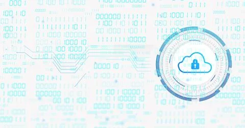 Displaying cloud padlock emblem inside circular HUD at UI with binary matrix, Stockillustratie