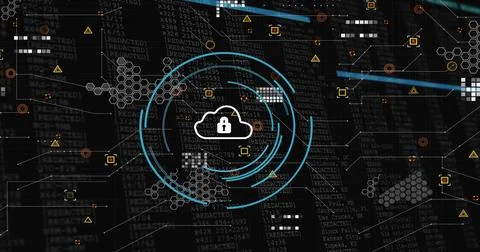 Displaying cloud with padlock rotating inside turquoise rings in cyber Illustrazione stock