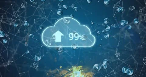 Displaying cloud upload icon in digital network with nodes and currency symbols Stock Photos