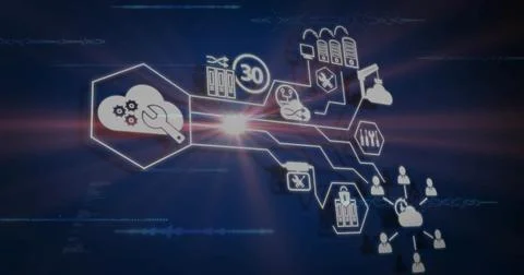 Displaying cloud workflow on digital interface, with cloud gear wrench icon a Stock Illustration