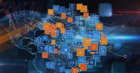Displaying cluster of cloud, envelope and rocket icons over world map backdrop, Stock Photos