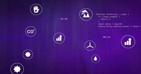 Displaying cluster of CO2 and eco icons with numeric readouts on purple 스톡 일러스트