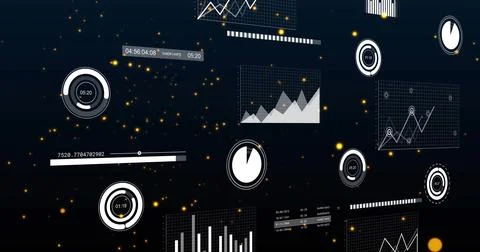 Displaying cluster of data widgets floating in dark space, showing grid charts Stock Illustration