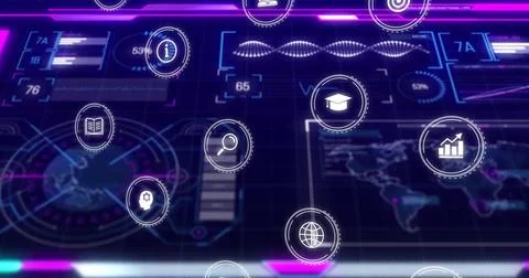 Displaying cluster of floating circular icons glowing over virtual dashboard, Stock Illustration