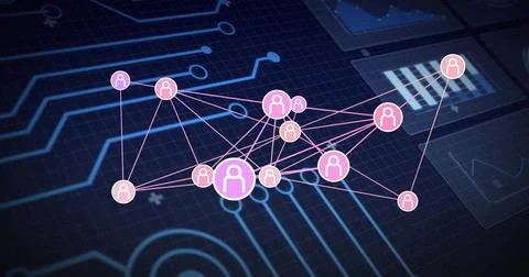 Displaying cluster of interconnected avatar nodes on dark blue grid, with pink Stock Photos