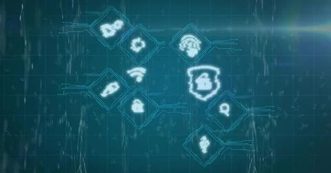 Displaying cluster of lit security nodes linking on virtual dashboard, showing Stock Illustration
